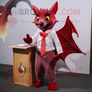 Red Fruit Bat mascot costume character dressed with a Poplin Shirt and Tie pins