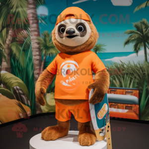 Orange Sloth mascot costume character dressed with a Board Shorts and Berets