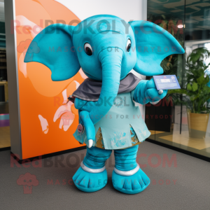 Turquoise Elephant mascot costume character dressed with a Pencil Skirt and Wraps