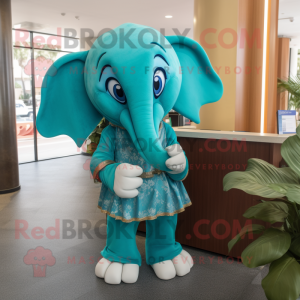 Turquoise Elephant mascot costume character dressed with a Pencil Skirt and Wraps