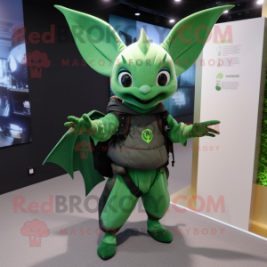 Green Bat mascot costume character dressed with a Sheath Dress and Backpacks