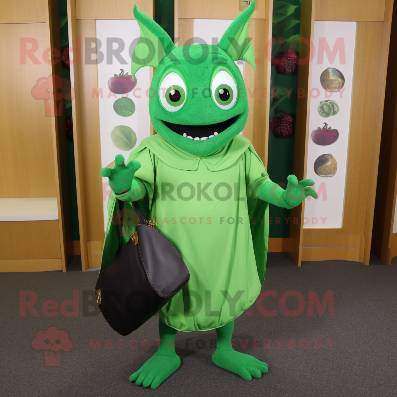 Green Bat mascot costume character dressed with a Sheath Dress and Backpacks Green Bat mascot costume character dressed with a Sheath Dress and Backpacks