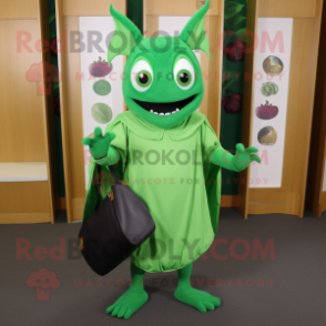 Green Bat mascot costume character dressed with a Sheath Dress and Backpacks