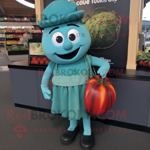 Teal Tomato mascot costume character dressed with a A-Line Skirt and Messenger bags
