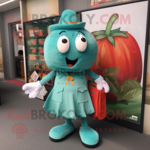 Teal Tomato mascot costume character dressed with a A-Line Skirt and Messenger bags