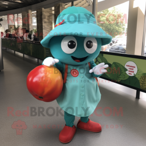 Teal Tomato mascot costume character dressed with a A-Line Skirt and Messenger bags