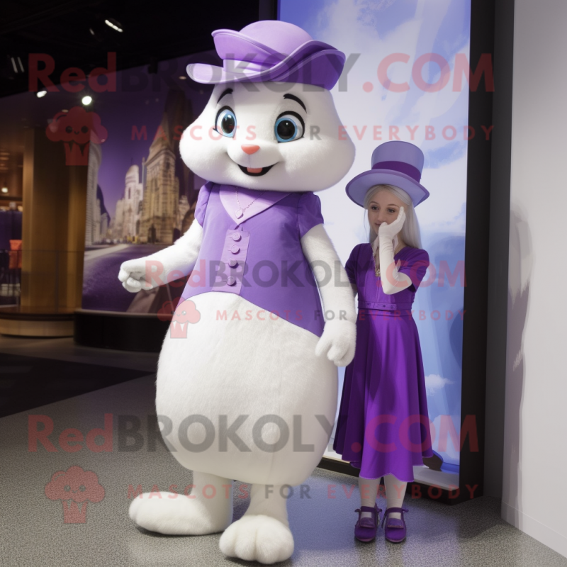 Lavender Ermine mascot costume character dressed with a Mini Dress and Caps Lavender Ermine mascot costume character dressed with a Mini Dress and Caps