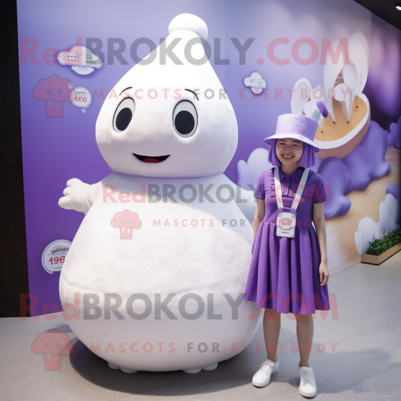 Lavender Ermine mascot costume character dressed with a Mini Dress and Caps Lavender Ermine mascot costume character dressed with a Mini Dress and Caps