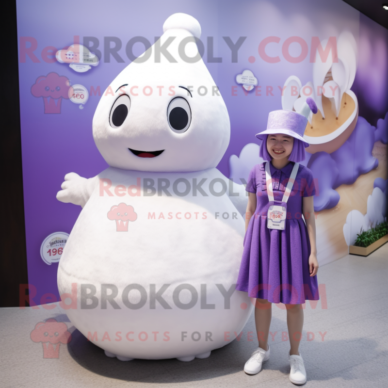 Lavender Ermine mascot costume character dressed with a Mini Dress and Caps