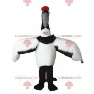 Mascote de guindaste branco e preto, fantasia de pássaro