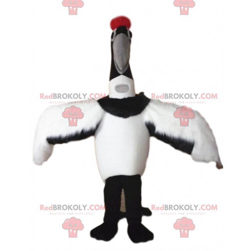 Mascote de guindaste branco e preto, fantasia de pássaro Mascote de guindaste branco e preto, fantasia de pássaro