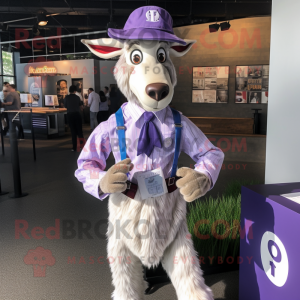 Lavender Boer Goat mascot costume character dressed with a Oxford Shirt and Rings