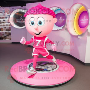 Pink Plate Spinner mascot costume character dressed with a Running Shorts and Necklaces