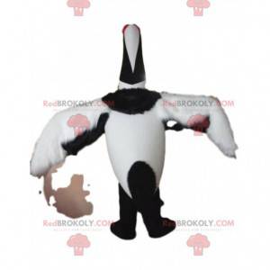 Mascote de guindaste branco e preto, fantasia de pássaro