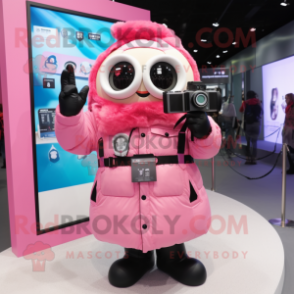 Pink Camera mascot costume character dressed with a Parka and Digital watches