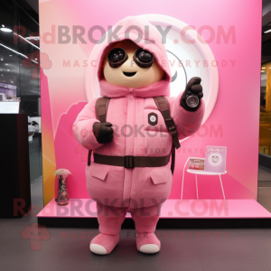 Pink Camera mascot costume character dressed with a Parka and Digital watches