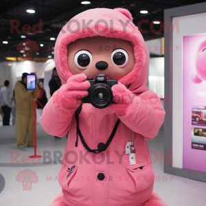 Pink Camera mascot costume character dressed with a Parka and Digital watches
