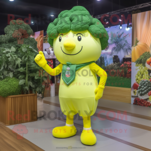 Lemon Yellow Broccoli mascot costume character dressed with a Jeggings and Caps