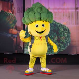 Lemon Yellow Broccoli mascot costume character dressed with a Jeggings and Caps