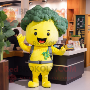 Lemon Yellow Broccoli mascot costume character dressed with a Jeggings and Caps