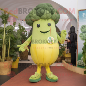Lemon Yellow Broccoli mascot costume character dressed with a Jeggings and Caps