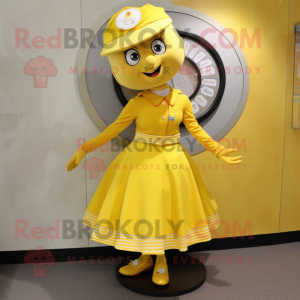 Yellow Plate Spinner mascot costume character dressed with a A-Line Skirt and Tie pins