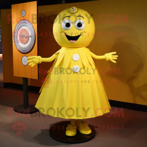 Yellow Plate Spinner mascot costume character dressed with a A-Line Skirt and Tie pins