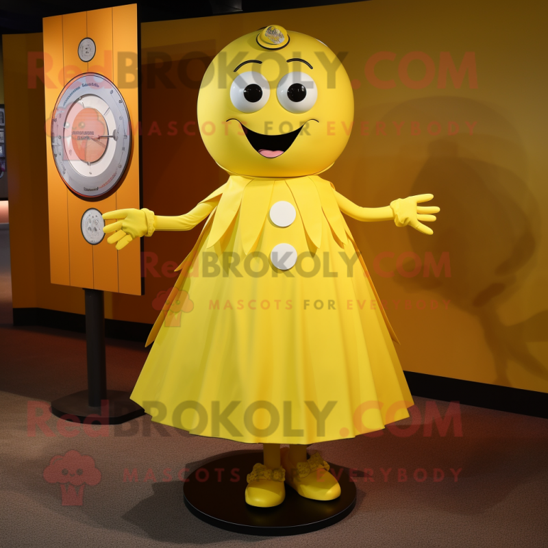 Yellow Plate Spinner mascot costume character dressed with a A-Line Skirt and Tie pins Yellow Plate Spinner mascot costume character dressed with a A-Line Skirt and Tie pins