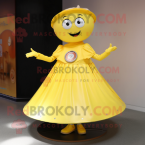 Yellow Plate Spinner mascot costume character dressed with a A-Line Skirt and Tie pins