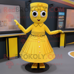 Yellow Plate Spinner mascot costume character dressed with a A-Line Skirt and Tie pins