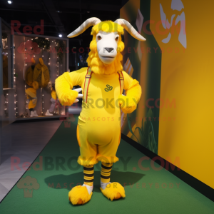Yellow Goat mascot costume character dressed with a Bodysuit and Shoe laces