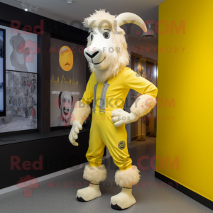 Yellow Goat mascot costume character dressed with a Bodysuit and Shoe laces