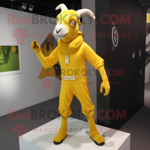 Yellow Goat mascot costume character dressed with a Bodysuit and Shoe laces