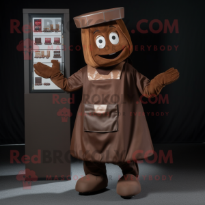 Rust Chocolate Bar mascot costume character dressed with a A-Line Skirt and Caps