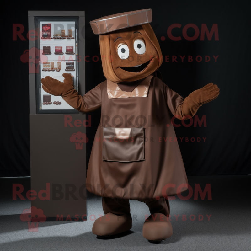 Rust Chocolate Bar mascot costume character dressed with a A-Line Skirt and Caps Rust Chocolate Bar mascot costume character dressed with a A-Line Skirt and Caps