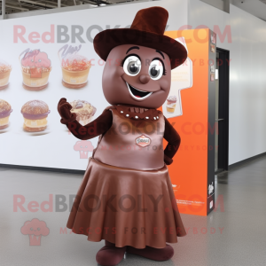 Rust Chocolate Bar mascot costume character dressed with a A-Line Skirt and Caps