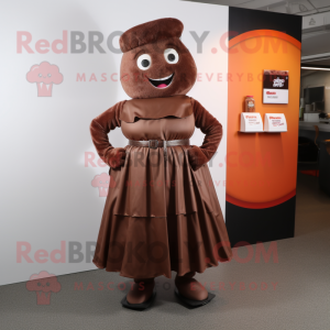 Rust Chocolate Bar mascot costume character dressed with a A-Line Skirt and Caps