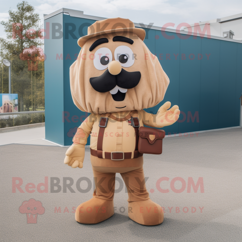 Tan Moussaka mascot costume character dressed with a Cargo Pants and Belts Tan Moussaka mascot costume character dressed with a Cargo Pants and Belts
