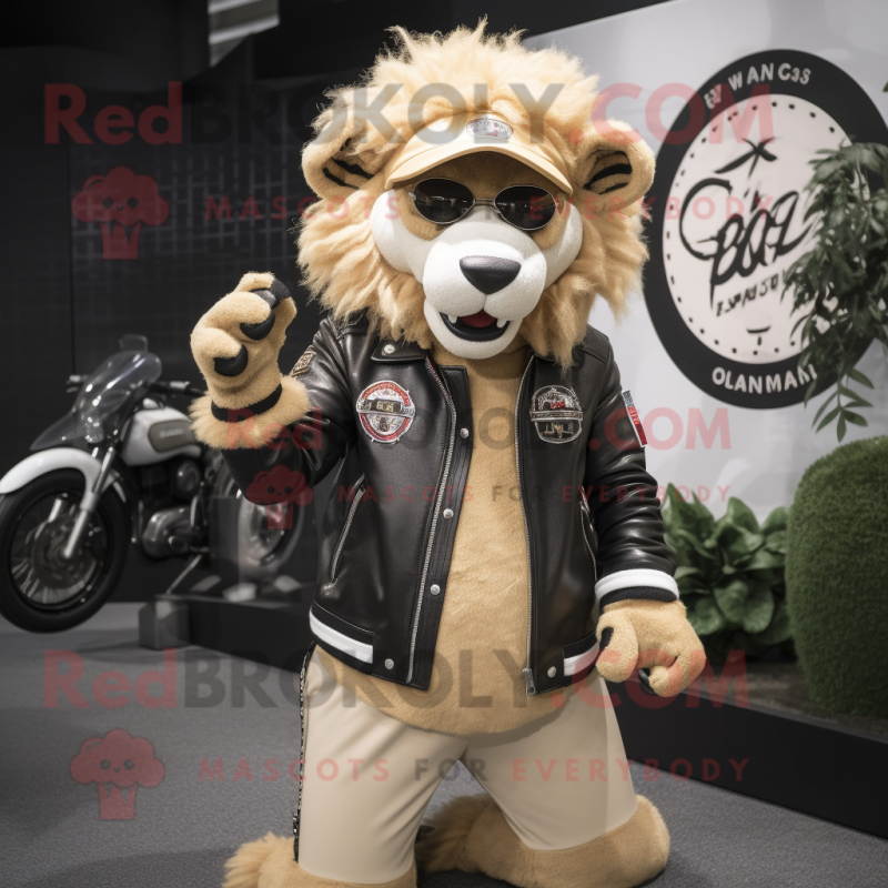 Beige Lion mascot costume character dressed with a Biker Jacket and Beanies