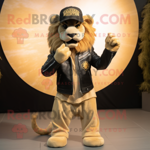 Beige Lion mascot costume character dressed with a Biker Jacket and Beanies