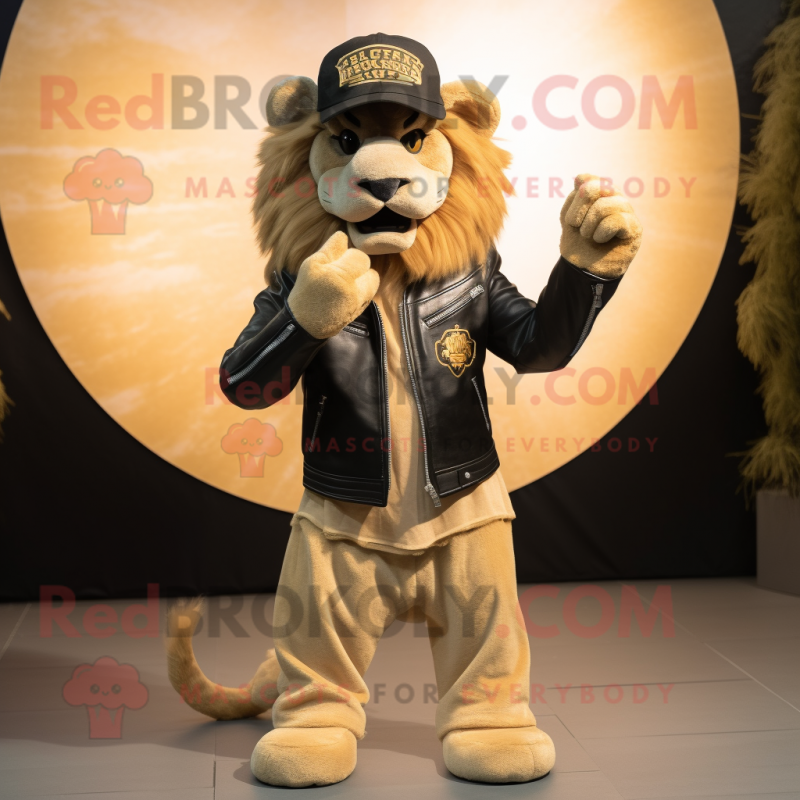 Beige Lion mascot costume character dressed with a Biker Jacket and Beanies