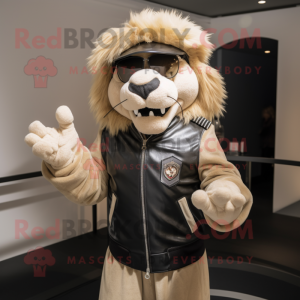 Beige Lion mascot costume character dressed with a Biker Jacket and Beanies