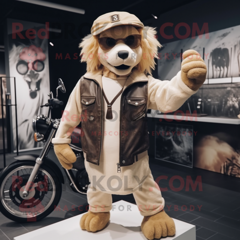 Beige Lion mascot costume character dressed with a Biker Jacket and Beanies