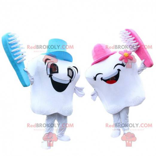 2 mascottes de dents blanches, couple de dents géantes -