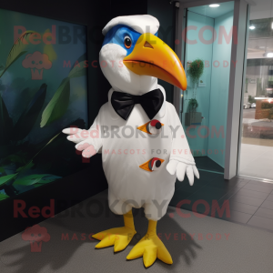 White Toucan mascot costume character dressed with a Parka and Bow ties