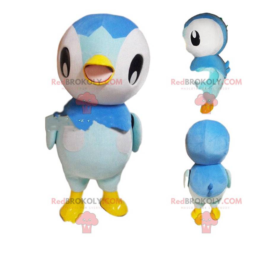 Mascote pinguim branco, cinza e azul, fantasia de pássaro Mascote pinguim branco, cinza e azul, fantasia de pássaro