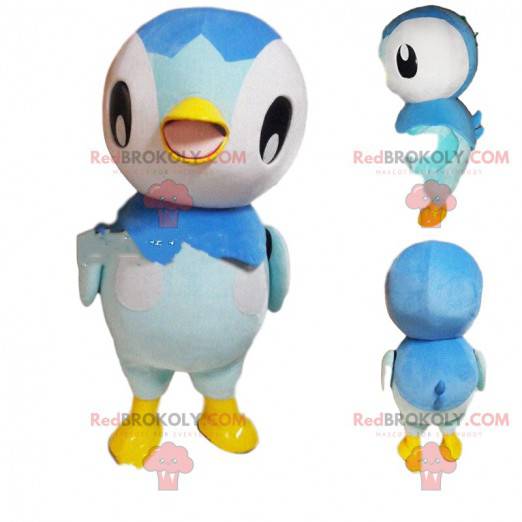 Mascota de pingüino blanco, gris y azul, disfraz de pájaro