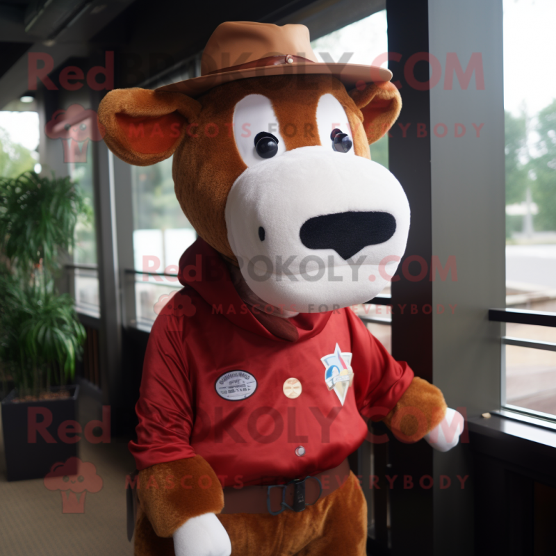 Rust Hereford Cow mascot costume character dressed with a Poplin Shirt and Hats