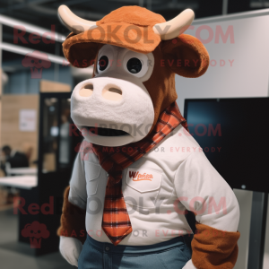 Rust Hereford Cow mascot costume character dressed with a Poplin Shirt and Hats