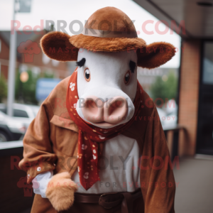 Rust Hereford Cow mascot costume character dressed with a Poplin Shirt and Hats